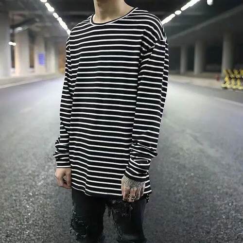 rendy Mens Long Sleeve Black White Stripe Base Layer Top Hi