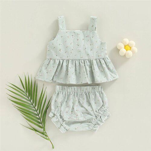 Infant Baby Girl 2 Pcs Outfits Suit Plaid Pattern Floral Pri
