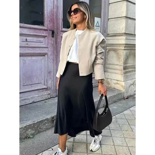 Willshela 2024 Black Satin Skirt Woman High Waist Elegant Lo