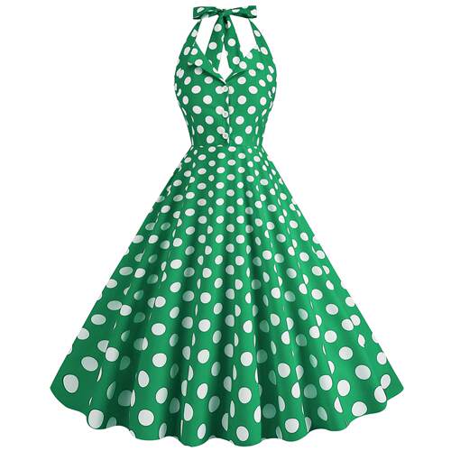 Vintage Polka Dress 复古波点挂脖露背中长连衣裙大摆