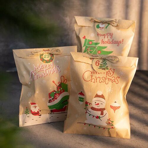 24Sets Christmas Kraft Paper Bags Santa Claus Snowman Fox Ho