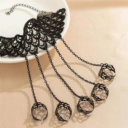 Romantic Vintage  Black Lace Finger Wrist Chain Rings