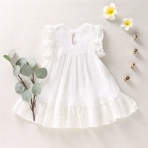 Infant Baby Girls Cotton Linen Dresses Pleated Short Sleeve