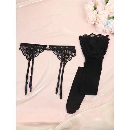 Womens Solid Black malist Garter Straps And Lace Embellishm