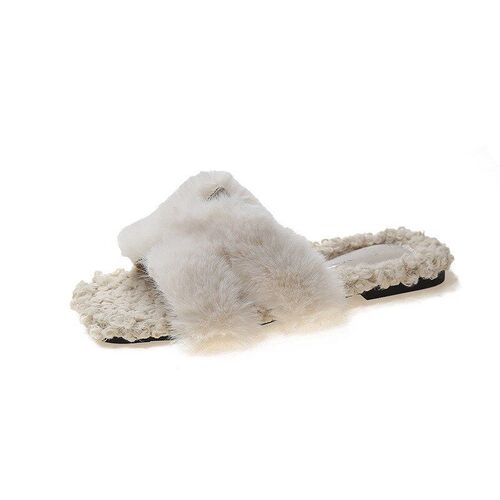 Warm Fluffy Slippers Women 2025 Square Toe Flat Ins OutdoorH