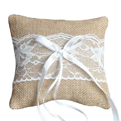 Lace Bow Ring Pillow Wedding Vintage Burlap Jute Rings