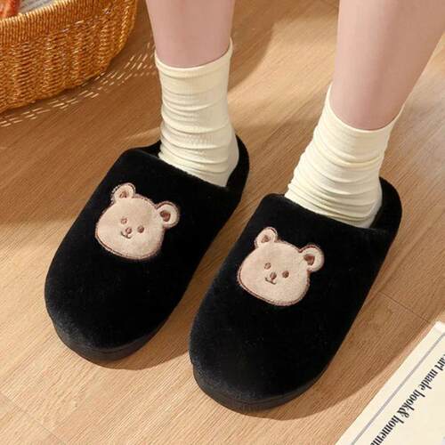 Cute Bear Cotton Slippers for Woman Winter Indoor Non-slip S