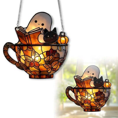 Halloween Ghost Reading Book Suncatcher Hanging Decor Acryli