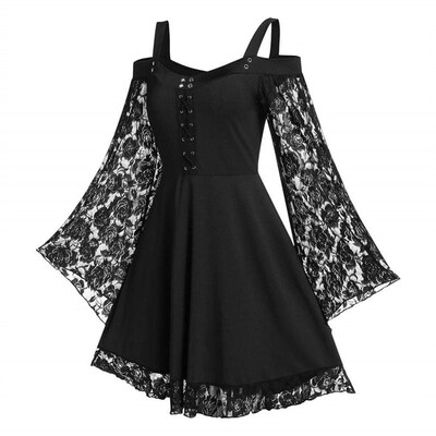 Women Dresses Gothic Vintage Cold Shoulder Lace Flared Sleev