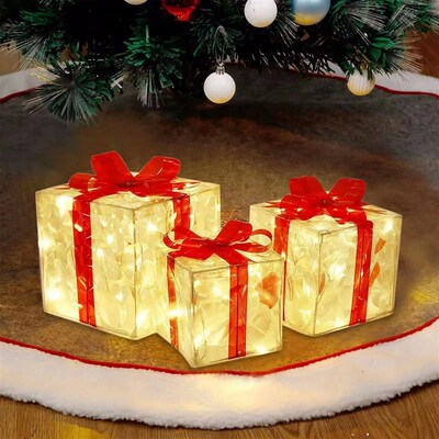Christmas Glowing Gifts Box Decoration Ornament With Bow Lig