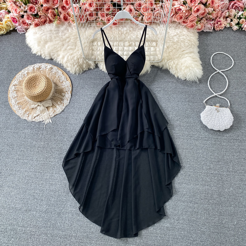 Summer Black/White Irregular Spaghetti Strap Long Dress图片
