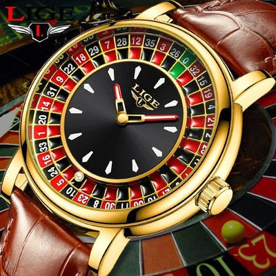 Leather Men Lucky Watch Rotating Dial Las Vegas Roulette Des