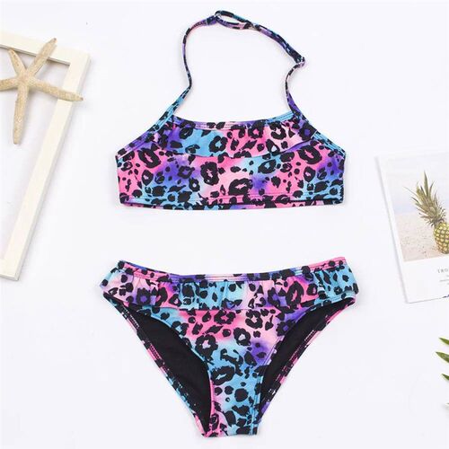7-14 Years Falbala Leopard Print Girls Kids Swimsuit Swimwea
