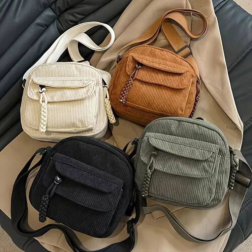 Corduroy Crossbody Bag Casual Style Zipper Closure Adjustabl