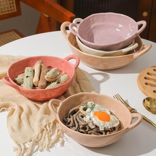 Colored ceramic double ear bowl, yogurt salad, fruit bowl