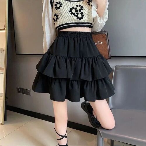 Pleated A-Line Skirt Women White Ruffle Sweet Tierred Pretty
