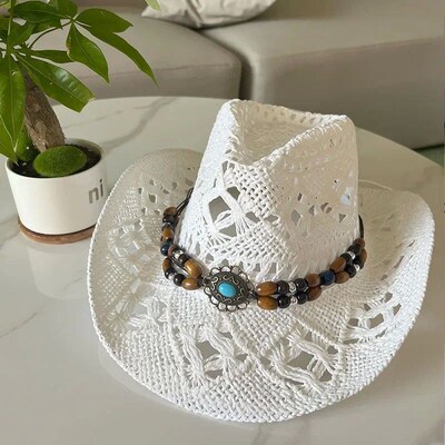 Vintage Summer Beach Bohemian Straw Hat Shell Women Men West