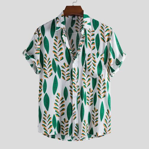 Linen Short Sleeve Shirt Men Summer Floral Loose Baggy Casua