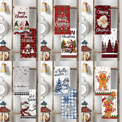 2pcs Christmas Kitchen DishTowels Buffalo Plaid Santa Claus