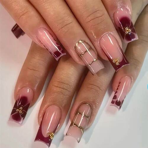 24Pcs Retro Flower Long Coffin French Fake Nails Caviar Bead