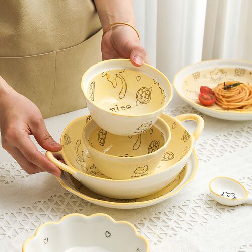 Orange Cat Bowl Plate Dish Set Household Rice Bowl Plate Com