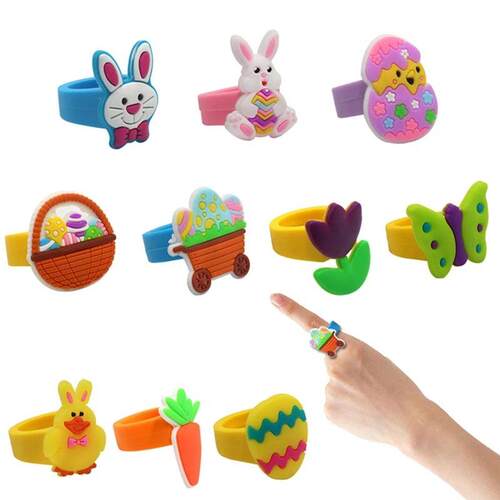 6/12PCS Cartoon Bunny Easter Egg Rings Kids Toys Ring Easter