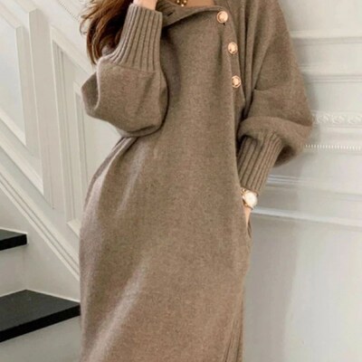 Vintage Turtleneck Buttons Long Sleeve Long Dresses Winter F
