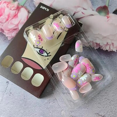 24Pcs Pink Flower Short Almond Press-on Nails Set Glossy Acr