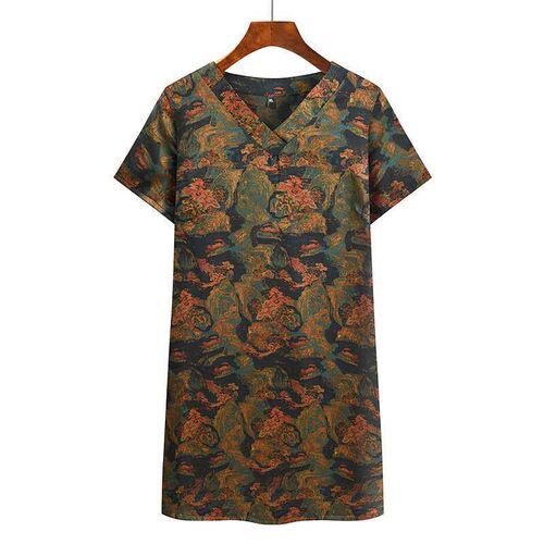Middle-aged and elderly womens summer dress silk-like short