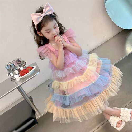Girls Summer Rnbow Dress Small Flying Sleeve Soft Yarn Slip