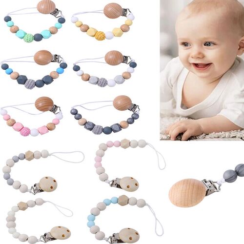 Baby Pacifier Clips Silicone Beads Wooden Teething Chain Inf