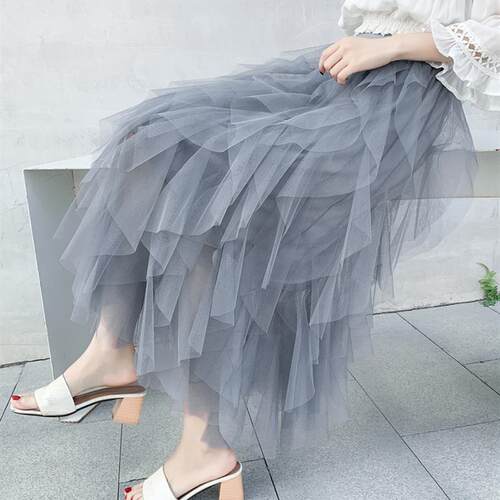 Qooth Women Tulle Cake Mesh Skirt Elegant Elastic Waist Fair