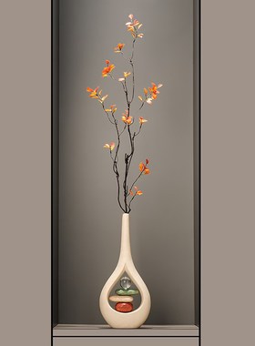 石来运转陶瓷花瓶迎客松入门玄关壁龛细高摆件高级感客厅装饰品