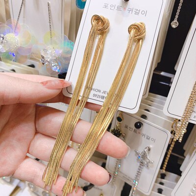2021High-end luxury long metal tassel hanging earrings, gold