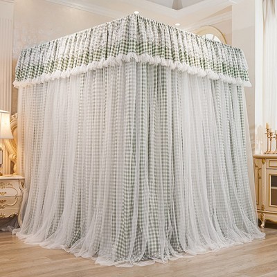 遮光床帘蚊帐防尘布顶防蚊虫三开门落地宫廷纹账家用卧室床幔纯色