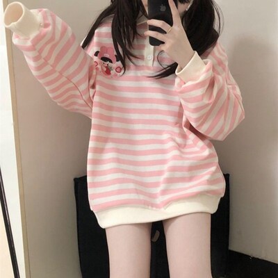 HOUZHOU Kawaii Pink Striped Sweatshirt Woman Japanese Cute C