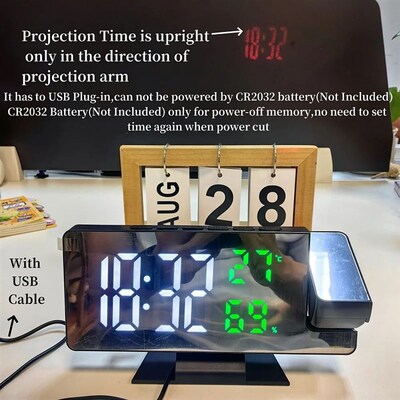 180 Arm Projection Digital Alarm Clock Temperature Humidit