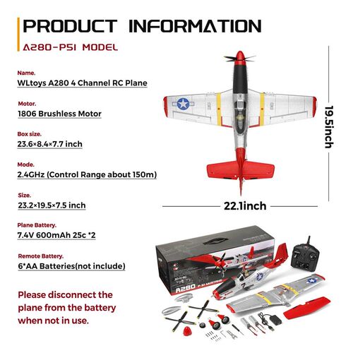WLtoys XK A280 RC plane,P51 Mustang 4-CH RC Airplane with Li