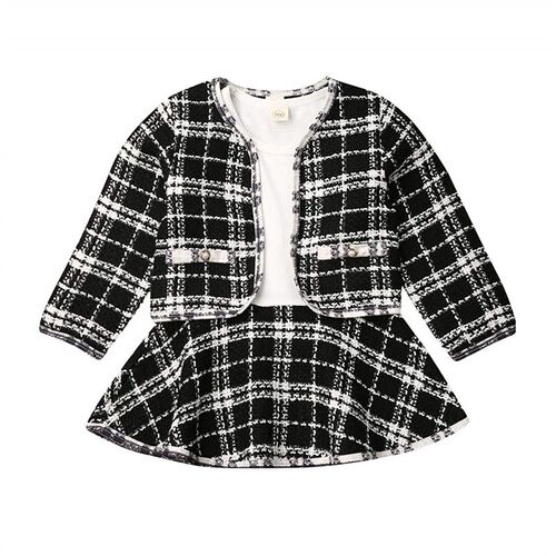 2PCS Autumn Winter Spring Party Baby Girls Clothes Plaid Coa