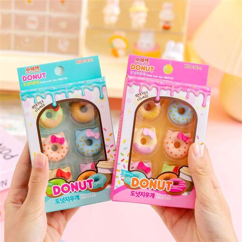 6Pcs/Box Kawaii Candy Color Cute Cat Donut Pencil Eraser Set
