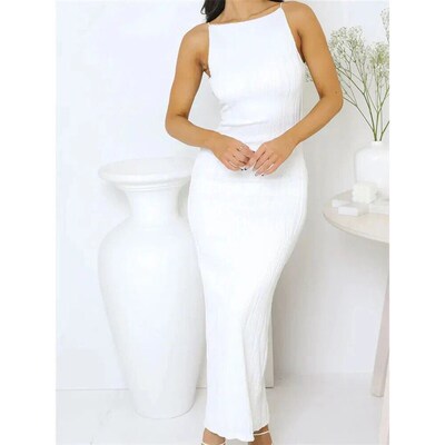 2025 Sexy Women Long Dress Ruched Sleeveless Slim Solid Summ