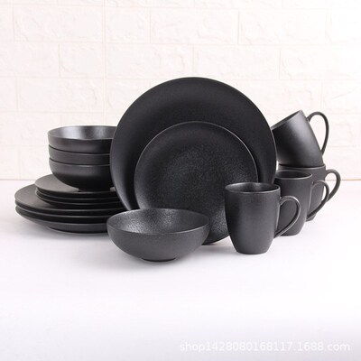 ceramic black plates bowl dinnerware Set of 4 set of 16件套