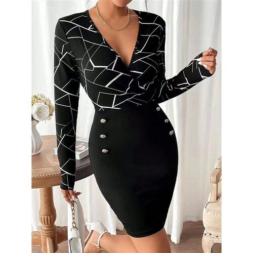 Elegant fashion womens dress deep V-neck long sleeve