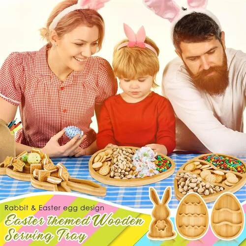 Cute Easter Bunny Serving Tray Cartoon Wooden Dining Plate M