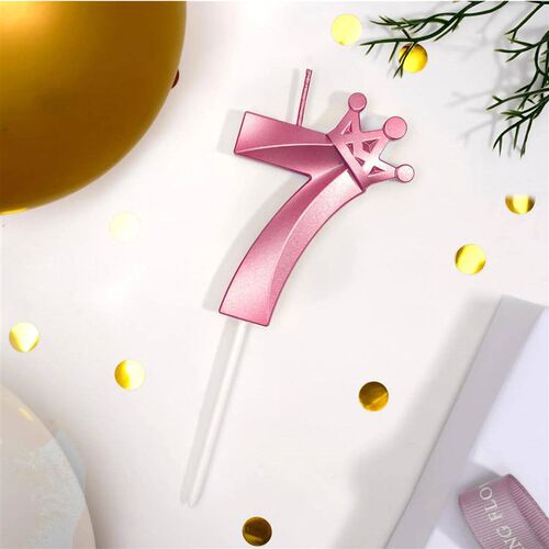 Pink 7 Birthday Candles,3D Crown Number 7 Cake Topper Numera