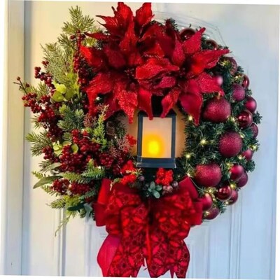 Christmas Wreath with Lamp Bow Ball Big Red Flower Navidad P