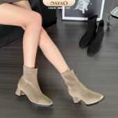 大尧大美丽瘦瘦靴5cm方头粗跟女冬季 新款 绒面拉链软底短靴6326