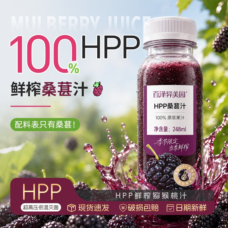 百泽异美园HPP桑葚汁100%鲜桑椹果汁 原榨果汁饮品248毫升6瓶