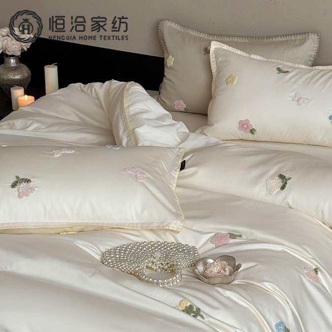 少女心高支澳棉纯棉四件套清新花卉毛巾绣贝壳边全棉被套床品粉色
