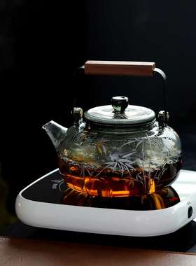 金银竹玻璃透明烧水壶煮茶壶家用待客耐高温热水壶单壶弘雅提梁壶